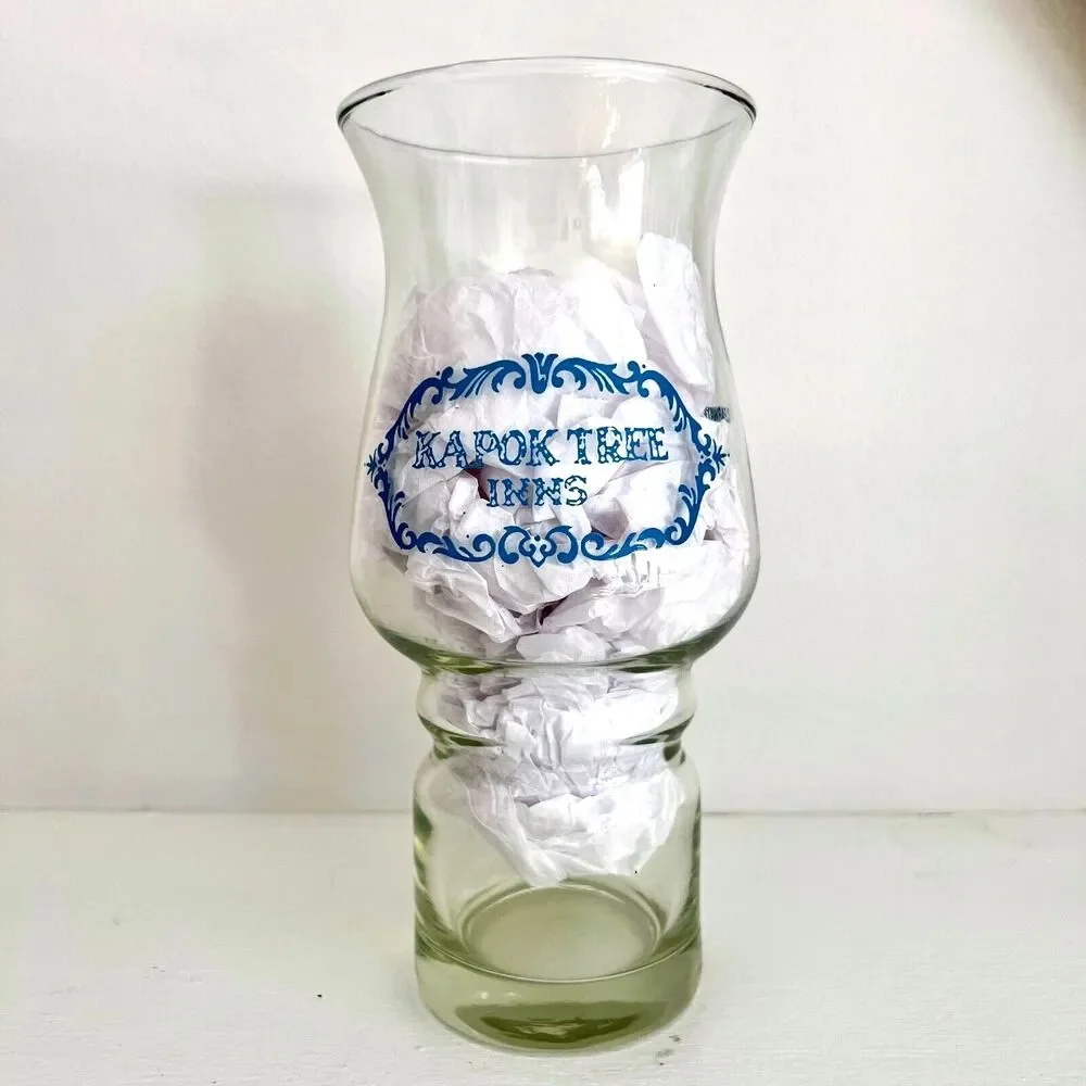 Vtg 1979 Kapok Tree Inns Souvenir Hurricane Cocktail Beverage Glass Clear Blue